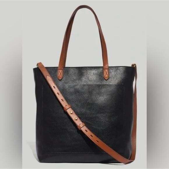 Madewell Handbags - MADEWELL | Zip Top Medium Transport Tote Black Brown Leather Shoulder Crossbody